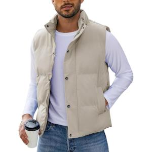 imageFlygo Mens Puffer Vest Winter Padded Vests Lightweight Stand Collar Sleeveless Quilted Jackets OuterwearKhaki