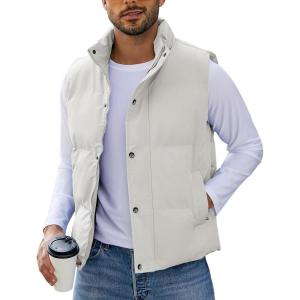 imageFlygo Mens Puffer Vest Winter Padded Vests Lightweight Stand Collar Sleeveless Quilted Jackets OuterwearLightkhaki
