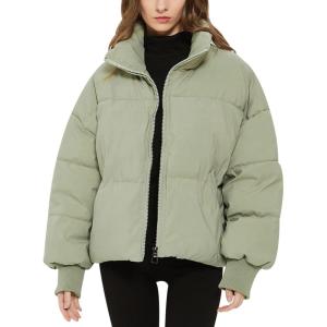 imageFlygo Winter Cropped Puffer Jacket Coats for Women 2025 Short Warm Quilted Jackets Outerwear with PocketsGreen