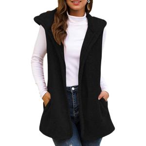 imageFlygo Womens Sleeveless Sherpa Vest Open Front Hooded Fleece Jackets Hooded Coat Cardigan with PocketsBlack