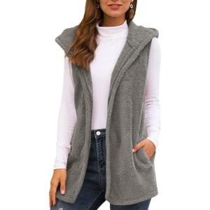 imageFlygo Womens Sleeveless Sherpa Vest Open Front Hooded Fleece Jackets Hooded Coat Cardigan with PocketsGrey