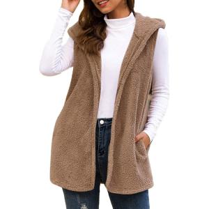 imageFlygo Womens Sleeveless Sherpa Vest Open Front Hooded Fleece Jackets Hooded Coat Cardigan with PocketsKhaki