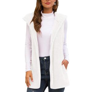 imageFlygo Womens Sleeveless Sherpa Vest Open Front Hooded Fleece Jackets Hooded Coat Cardigan with PocketsWhite