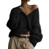 imageFlygo Womens Fuzzy Mohair Cardigan Sweaters V Neck Button Down Long Sleeve Fluffy Knit Open Front Slouchy Furry SweaterBlack