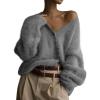 imageFlygo Womens Fuzzy Mohair Cardigan Sweaters V Neck Button Down Long Sleeve Fluffy Knit Open Front Slouchy Furry SweaterGrey