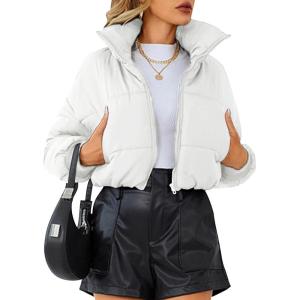 imageFlygo Cropped Puffer Jacket Womens Lightweight Long Sleeve Zip Up Winter Coats Quilted JacketsBeige