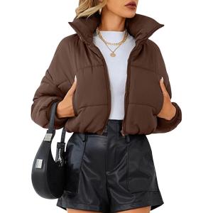 imageFlygo Cropped Puffer Jacket Womens Lightweight Long Sleeve Zip Up Winter Coats Quilted JacketsCoffee