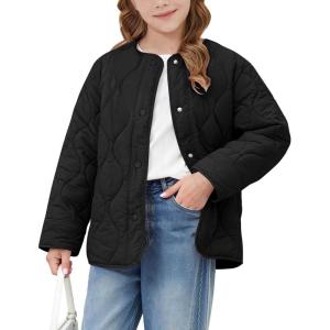 imageFlygo Girls Lightweight Quilted Jackets Warm Snap Button Puffer Coat Kids Trendy Padded Outerwear with PocketsBlack