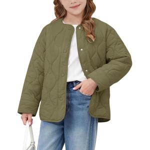 imageFlygo Girls Lightweight Quilted Jackets Warm Snap Button Puffer Coat Kids Trendy Padded Outerwear with PocketsGreen