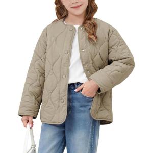 imageFlygo Girls Lightweight Quilted Jackets Warm Snap Button Puffer Coat Kids Trendy Padded Outerwear with PocketsKhaki