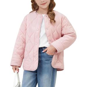 imageFlygo Girls Lightweight Quilted Jackets Warm Snap Button Puffer Coat Kids Trendy Padded Outerwear with PocketsPink