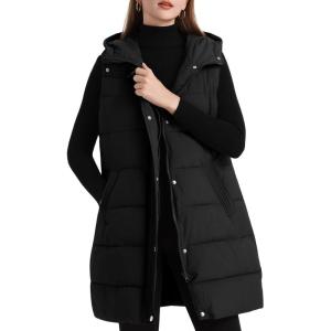 imageFlygo Long Puffer Vest Women Hooded Sleeveless Winter Jacket Button Zip Up Quilted Vest Padded OuterwearBlackSmall