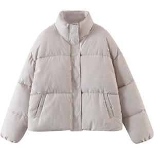 imageFlygo Womens Cropped Puffer Jacket Lightweight Quilted Outerwear Bubble Warm Padded Short Down CoatBeige