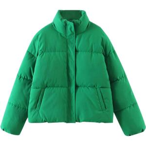 imageFlygo Womens Cropped Puffer Jacket Lightweight Quilted Outerwear Bubble Warm Padded Short Down CoatGreen