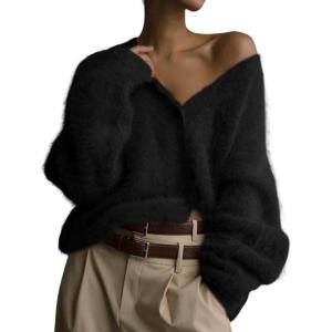 imageFlygo Womens Fuzzy Mohair Cardigan Sweaters V Neck Button Down Long Sleeve Fluffy Knit Open Front Slouchy Furry SweaterBlack
