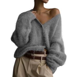 imageFlygo Womens Fuzzy Mohair Cardigan Sweaters V Neck Button Down Long Sleeve Fluffy Knit Open Front Slouchy Furry SweaterGrey