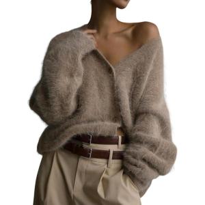 imageFlygo Womens Fuzzy Mohair Cardigan Sweaters V Neck Button Down Long Sleeve Fluffy Knit Open Front Slouchy Furry SweaterKhaki