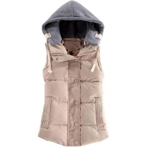imageFlygo Womens Winter Warm Hooded Quilted Puffer Down Vest JacketBeige