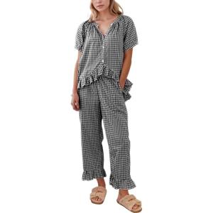 imageFlygo Womens Plaid 2 Piece Pajamas Sets Gingham Button Down Puff Sleeve Babydoll Shirt Ruffle Pants Y2K Pjs Lounge SetBlack