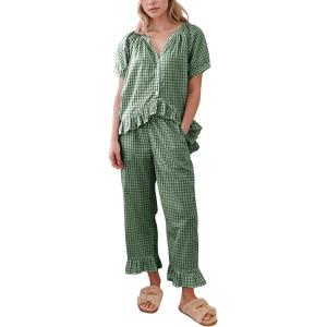 imageFlygo Womens Plaid 2 Piece Pajamas Sets Gingham Button Down Puff Sleeve Babydoll Shirt Ruffle Pants Y2K Pjs Lounge SetDarkgreen