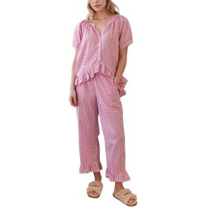 imageFlygo Womens Plaid 2 Piece Pajamas Sets Gingham Button Down Puff Sleeve Babydoll Shirt Ruffle Pants Y2K Pjs Lounge SetPink