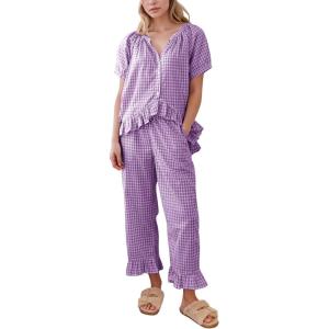 imageFlygo Womens Plaid 2 Piece Pajamas Sets Gingham Button Down Puff Sleeve Babydoll Shirt Ruffle Pants Y2K Pjs Lounge SetPurple