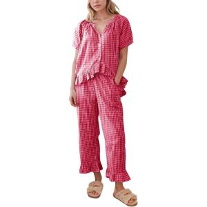 imageFlygo Womens Plaid 2 Piece Pajamas Sets Gingham Button Down Puff Sleeve Babydoll Shirt Ruffle Pants Y2K Pjs Lounge SetWine