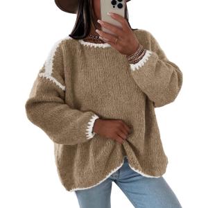imageFlygo Oversized Sweaters for Women Long Sleeve Crew Neck Trendy Fall Sweaters Colorblock Chunky Knit PulloverKhakiS