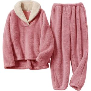 imageFlygo Women Fuzzy Warm Fleece Pajamas Sets Winter Flannel Sleepwear Fluffy Pajama Pullover Top Lounge Pants SetPink