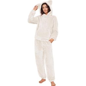 imageFlygo Womens Fluffy Pajamas Sets Fleece Loungewear Pullover Bear Ear Fuzzy Hoodie Plush Pants 2 Piece Sleepwear with PocketsBeige