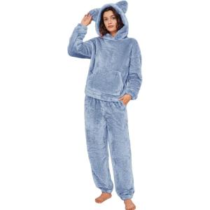 imageFlygo Womens Fluffy Pajamas Sets Fleece Loungewear Pullover Bear Ear Fuzzy Hoodie Plush Pants 2 Piece Sleepwear with PocketsBlue