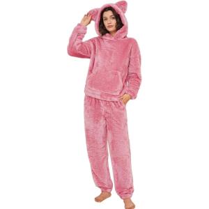 imageFlygo Womens Fluffy Pajamas Sets Fleece Loungewear Pullover Bear Ear Fuzzy Hoodie Plush Pants 2 Piece Sleepwear with PocketsPink