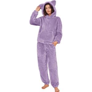 imageFlygo Womens Fluffy Pajamas Sets Fleece Loungewear Pullover Bear Ear Fuzzy Hoodie Plush Pants 2 Piece Sleepwear with PocketsPurple