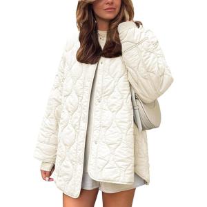 imageFlygo Womens Oversized Quilted Lightweight Jacket Button Down Puffer Padded Outerwear with PocketBeige