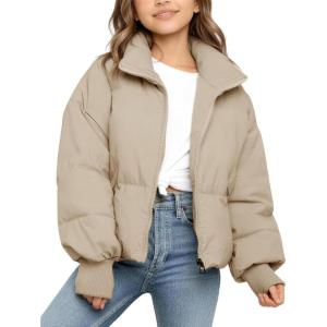 image:imageFlygo Girls Winter Puffer Jacket Warm Short Kids Zip up Long Sleeve Puffy Quilted Jackets Coat Outerwear 514 YearsKhaki