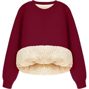 image:imageFlygo Womens Winter Fleece Sherpa Lined Sweatshirt Crewneck Pullover Long Sleeve Thermal Warm Thick Heavyweight TopsWine