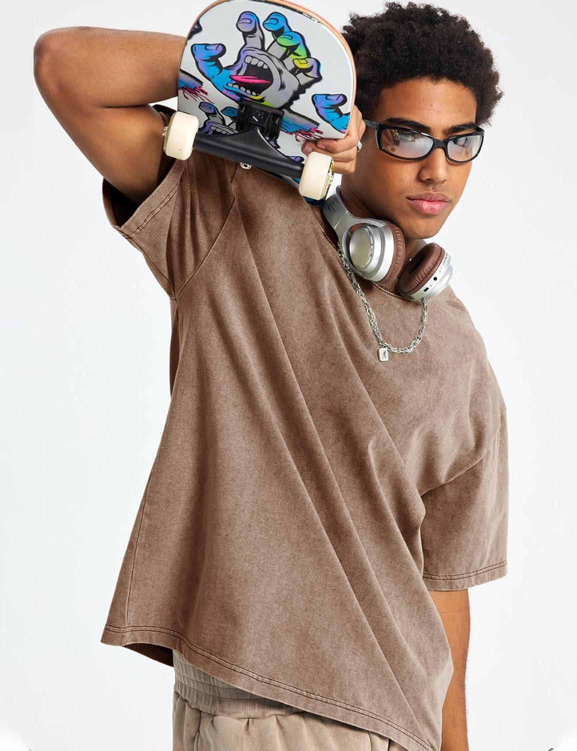 image:imageFlygo Mens 4 Pack Oversized TShirts Acid Wash Cotton Vintage Loose Fit Baggy Tees Summer Short Sleeve Basic Streetwear TopsBlackgreykhakiarmygreenbeige