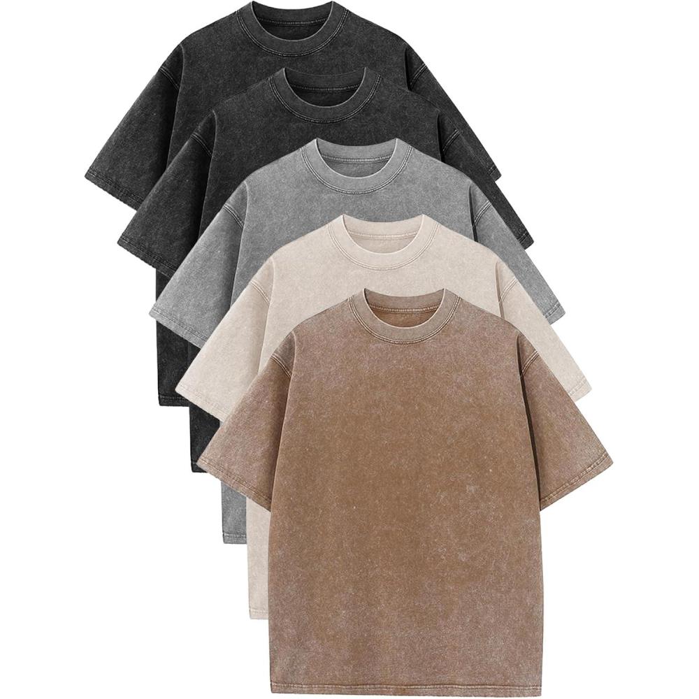 image:imageFlygo Mens 4 Pack Oversized TShirts Acid Wash Cotton Vintage Loose Fit Baggy Tees Summer Short Sleeve Basic Streetwear TopsBlackblackgreykhakibeige