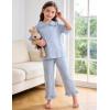 image:imageFlygo Girls 2 Piece Gingham Clothing Set Cotton Short Sleeve Button Down Ruffle Tops Cute Plaid Wide Leg Pants Outfits SetsBlue