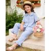 image:imageFlygo Girls 2 Piece Gingham Clothing Set Cotton Short Sleeve Button Down Ruffle Tops Cute Plaid Wide Leg Pants Outfits SetsBlue