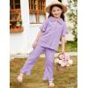 image:imageFlygo Girls 2 Piece Gingham Clothing Set Cotton Short Sleeve Button Down Ruffle Tops Cute Plaid Wide Leg Pants Outfits SetsPurple