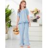 image:imageFlygo Girls Gingham 2 Piece Outfits Cotton Plaid Short Sleeve Button Down Peplum Top and Y2K Cute Ruffle Long Pants SetsBlue