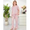 image:imageFlygo Girls Gingham 2 Piece Outfits Cotton Plaid Short Sleeve Button Down Peplum Top and Y2K Cute Ruffle Long Pants SetsPink