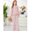 image:imageFlygo Girls Gingham 2 Piece Outfits Cotton Plaid Short Sleeve Button Down Peplum Top and Y2K Cute Ruffle Long Pants SetsPink