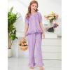 image:imageFlygo Girls Gingham 2 Piece Outfits Cotton Plaid Short Sleeve Button Down Peplum Top and Y2K Cute Ruffle Long Pants SetsPurple