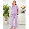 image:imageFlygo Girls Gingham 2 Piece Outfits Cotton Plaid Short Sleeve Button Down Peplum Top and Y2K Cute Ruffle Long Pants SetsPurple