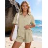image:imageFlygo Womens Casual 2 Piece Outfits Cotton Linen Sets Button Down Oversized Shirt Shorts 2026 Pajama Lounge Beach SetBeige