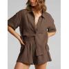 image:imageFlygo Womens Casual 2 Piece Outfits Cotton Linen Sets Button Down Oversized Shirt Shorts 2026 Pajama Lounge Beach SetBrown