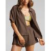 image:imageFlygo Womens Casual 2 Piece Outfits Cotton Linen Sets Button Down Oversized Shirt Shorts 2026 Pajama Lounge Beach SetBrown