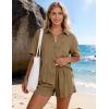 image:imageFlygo Womens Casual 2 Piece Outfits Cotton Linen Sets Button Down Oversized Shirt Shorts 2026 Pajama Lounge Beach SetDark Khaki